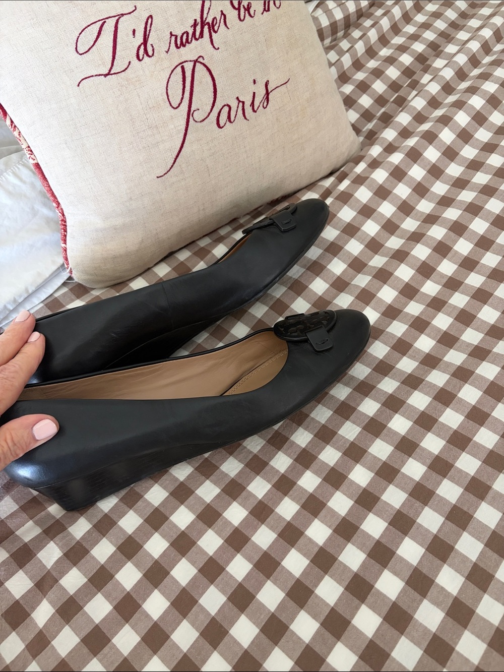 Tory Burch Black Leather Ballet Flats with Logo Accent